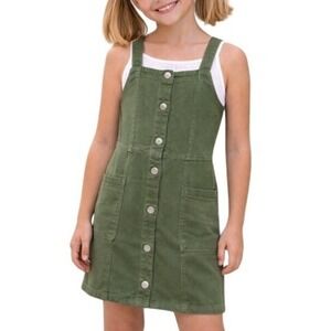 Nordstrom Girl's Army Olive Green Denim Utility Button Jumper Romper Dress 12